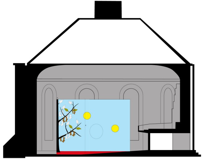 Seitenansicht Karlskirche mit Seitenansicht Kunstwerk (Skizze)